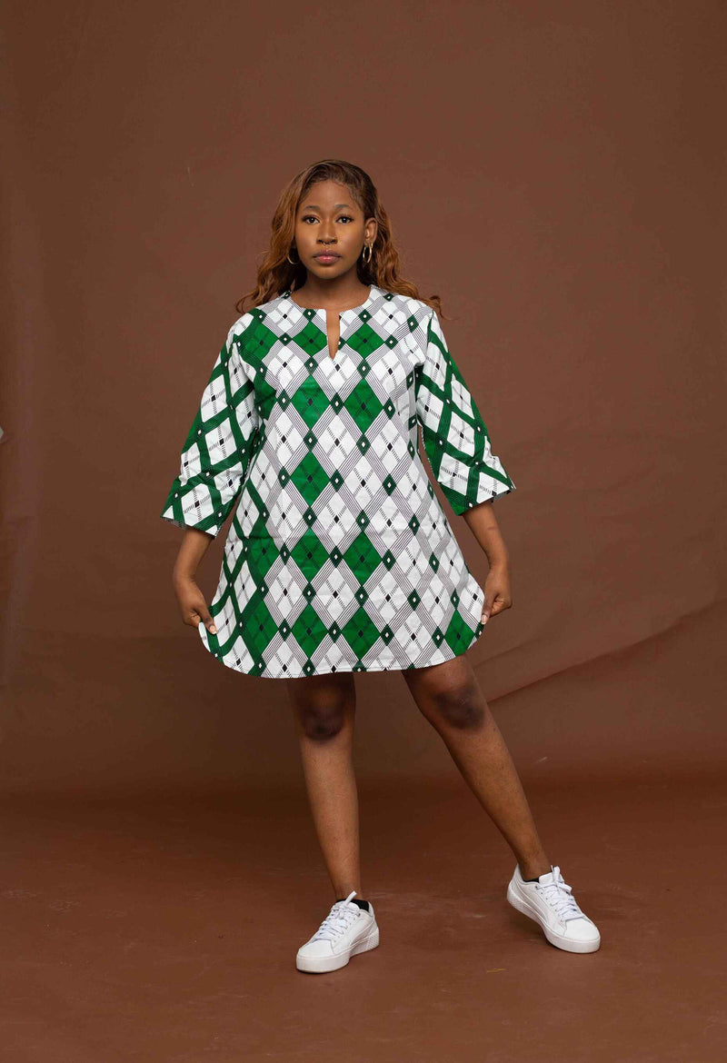 Alero Tunic Short Dress | White and Green African Print