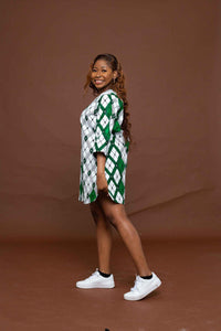 Alero Tunic Short Dress | White and Green African Print