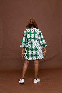 Alero Tunic Short Dress | White and Green African Print