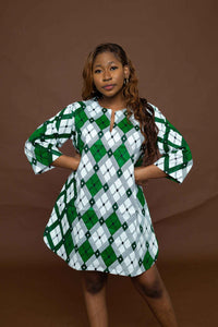 Alero Tunic Short Dress | White and Green African Print