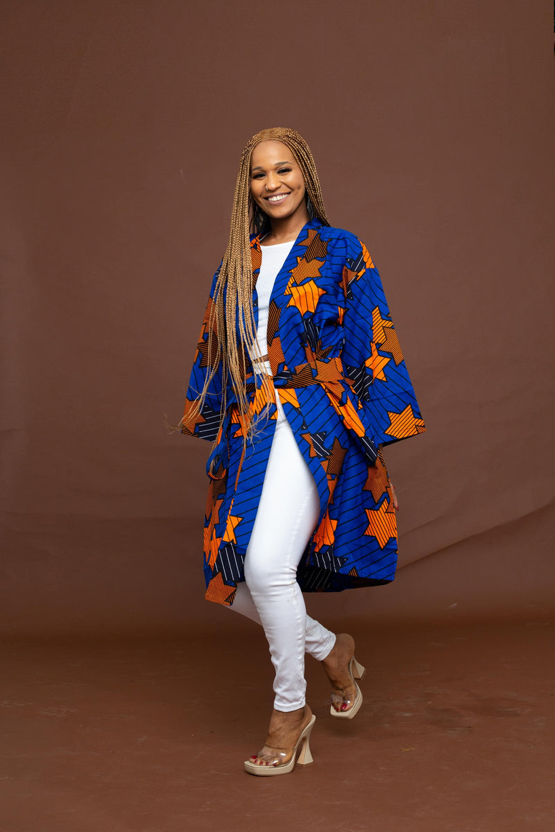 Lara Ankara Midi Kimono Jacket | Blue and Orange African Print