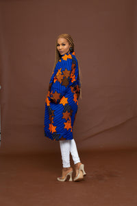 Lara Ankara Midi Kimono Jacket | Blue and Orange African Print