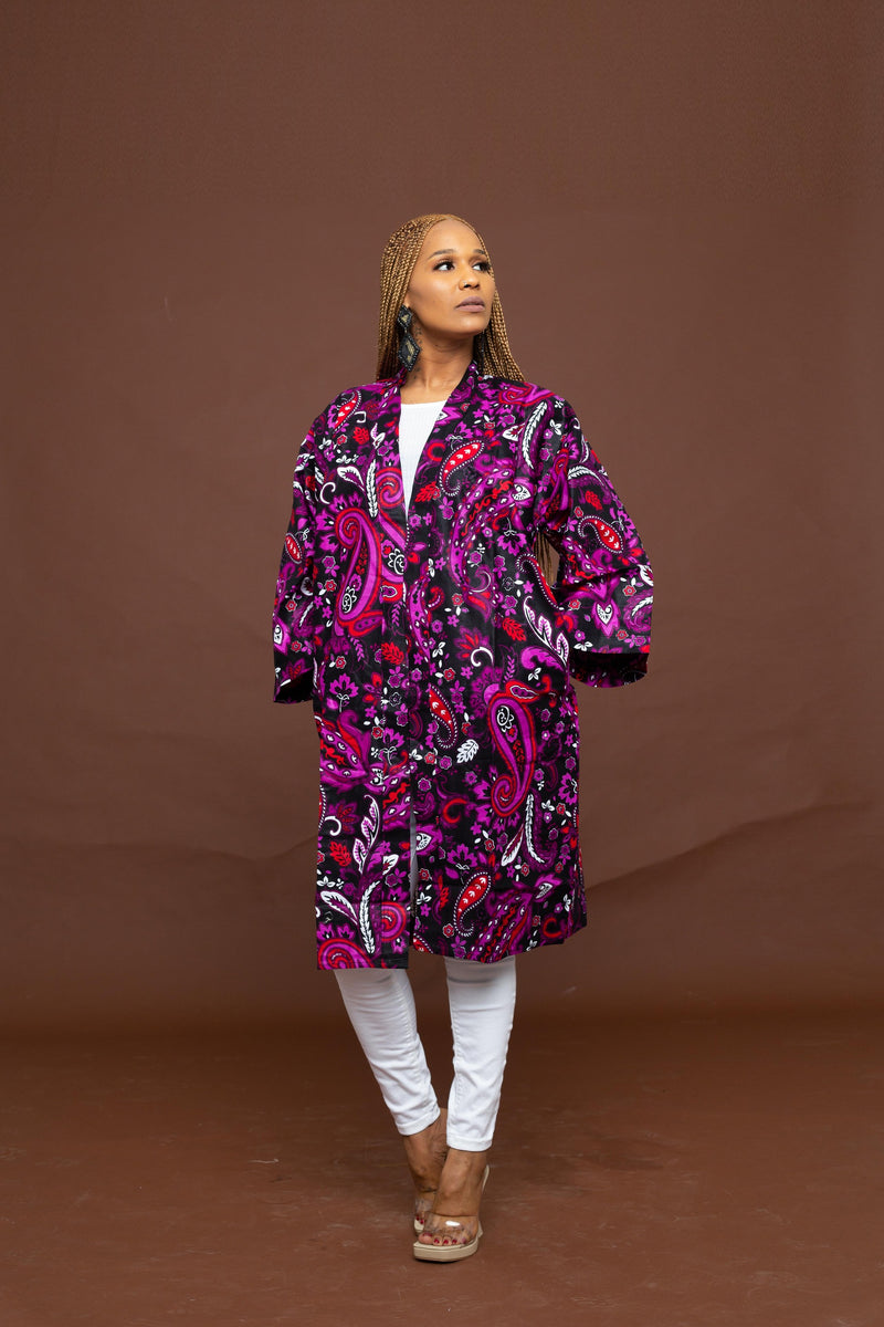 Lina Ankara Kimono Jacket | Purple Multicolored African Print