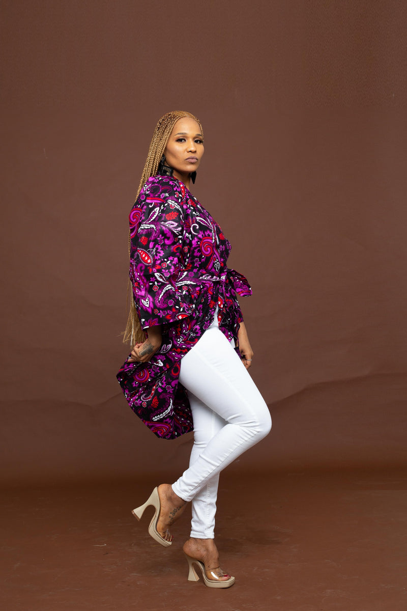 Lina Ankara Kimono Jacket | Purple Multicolored African Print