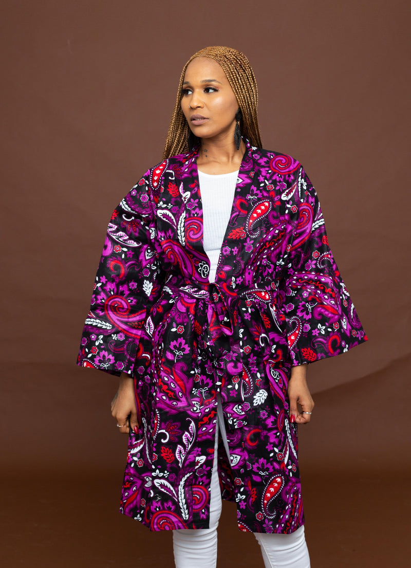 Lina Ankara Kimono Jacket | Purple Multicolored African Print