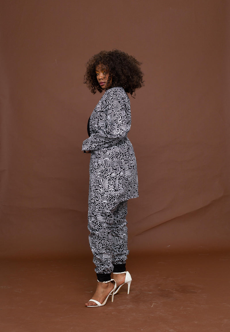 Adora Adire Longline Jacket | Black and White African Print