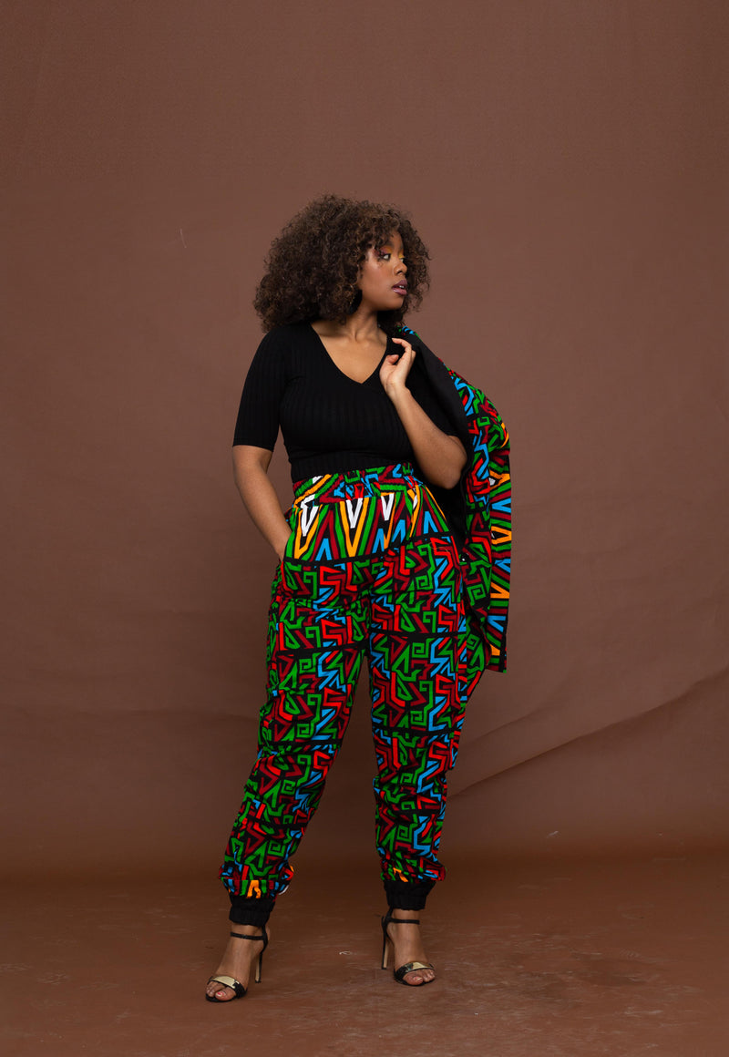 Anika High Waisted Trouser | Red and Green Multicoloured African Print