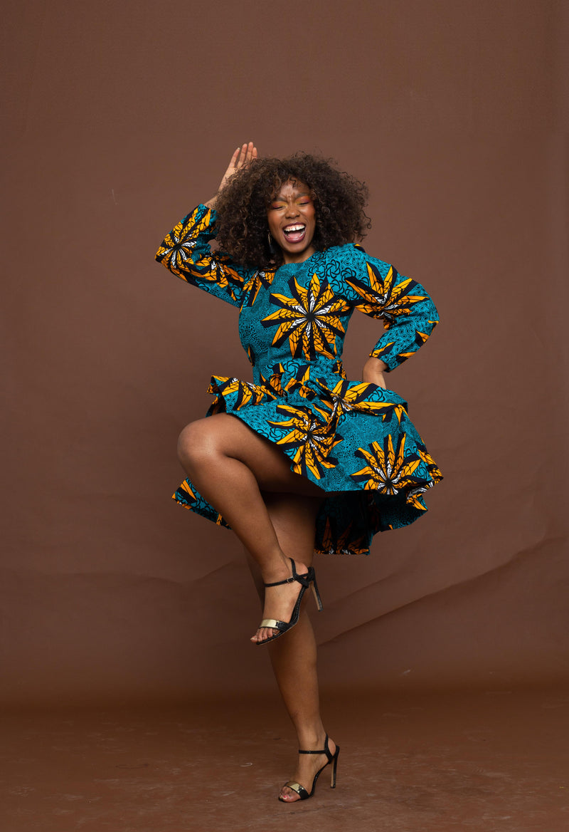 Anita Ankara Mini Dress | Teal and Yellow African Print