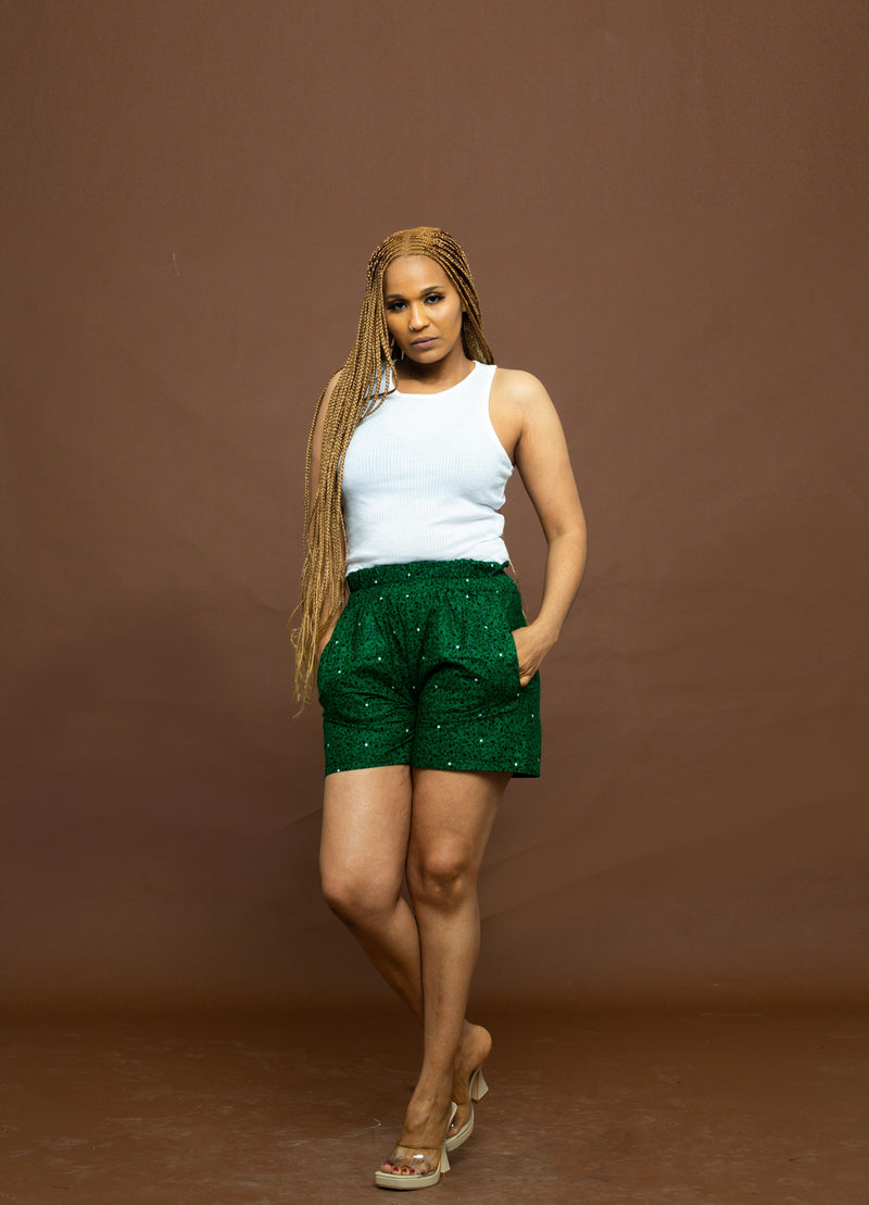 Goldy Ankara High Waisted Shorts | Green African Print