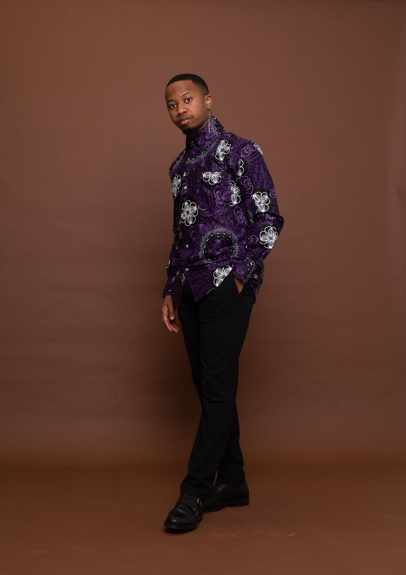 Simon Ankara Men Shirt | Purple and White African Print