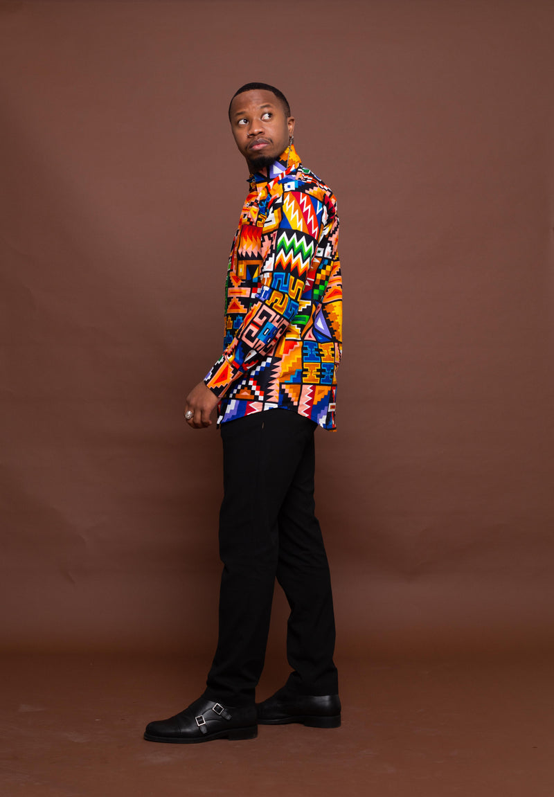 Fred Ankara Men Shirt | Orange and White Multicolored African Print