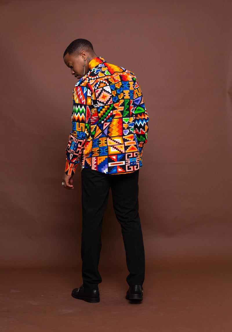 Fred Ankara Men Shirt | Orange and White Multicolored African Print