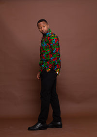 Francis Ankara Men Long sleeve Shirt | Green and Blue Multicolored African Print Shirt