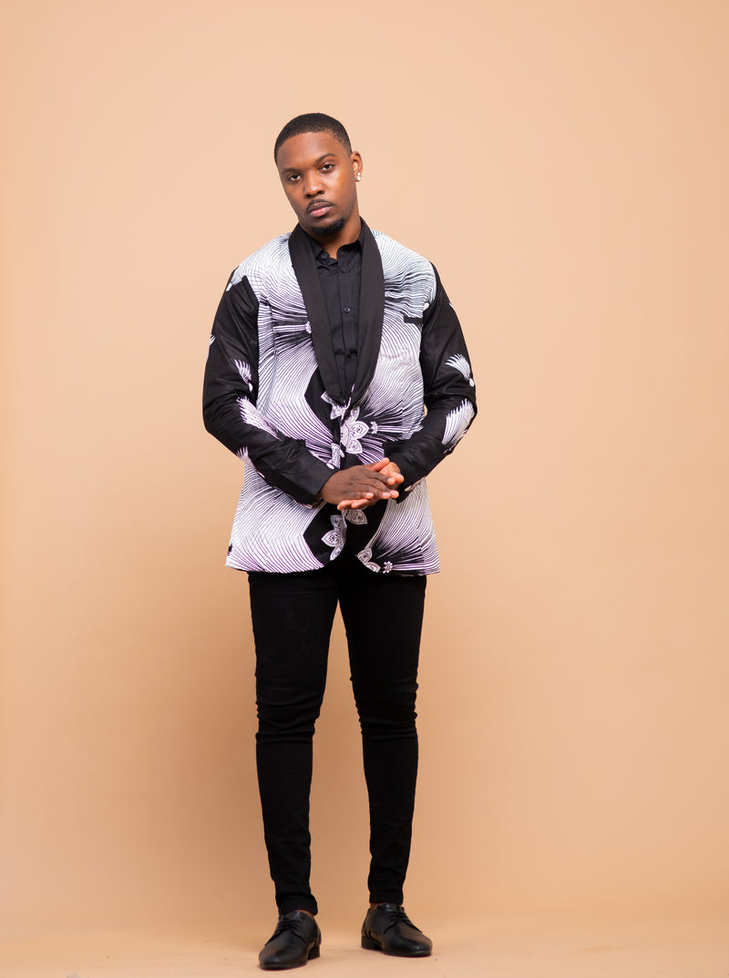 Carson Ankara Men Blazer | Black and White African Print