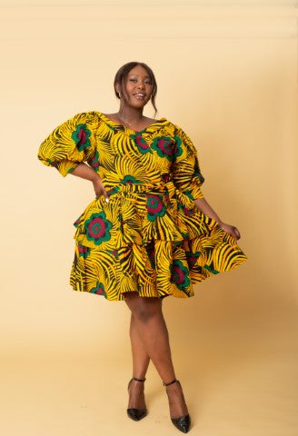 Abisoye Ankara short Midi Flare Dress | Yellow African Print