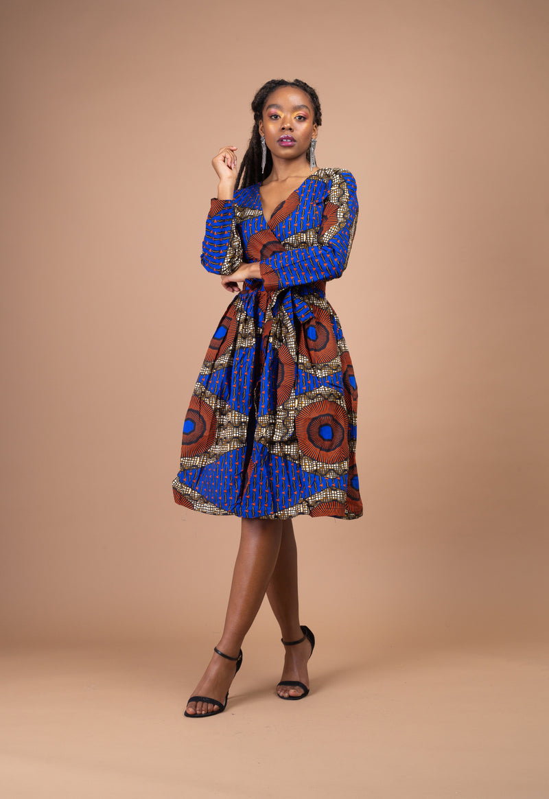 Jayne Ankara Midi Dress | Blue and Brown African Print