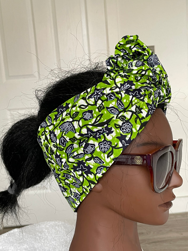 Green and White Ankara Satin Lined HeadWrap/Scarf