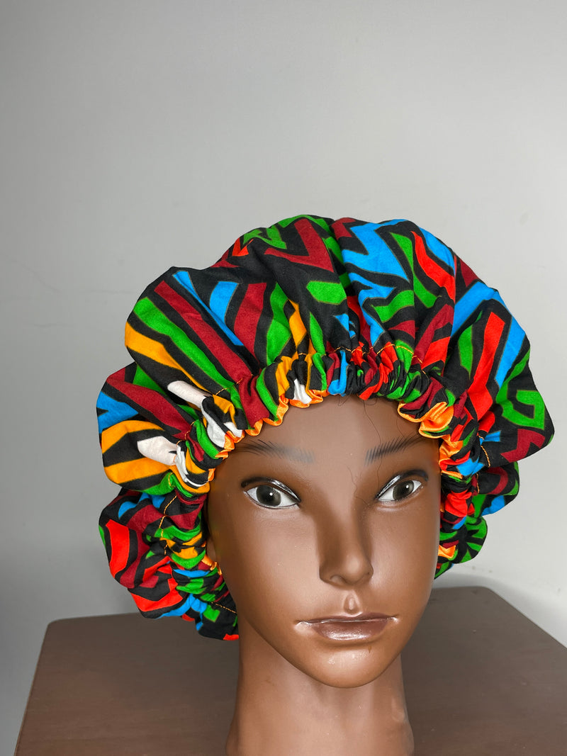 Ankara Green and Red Multicoloured Hair Bonnet