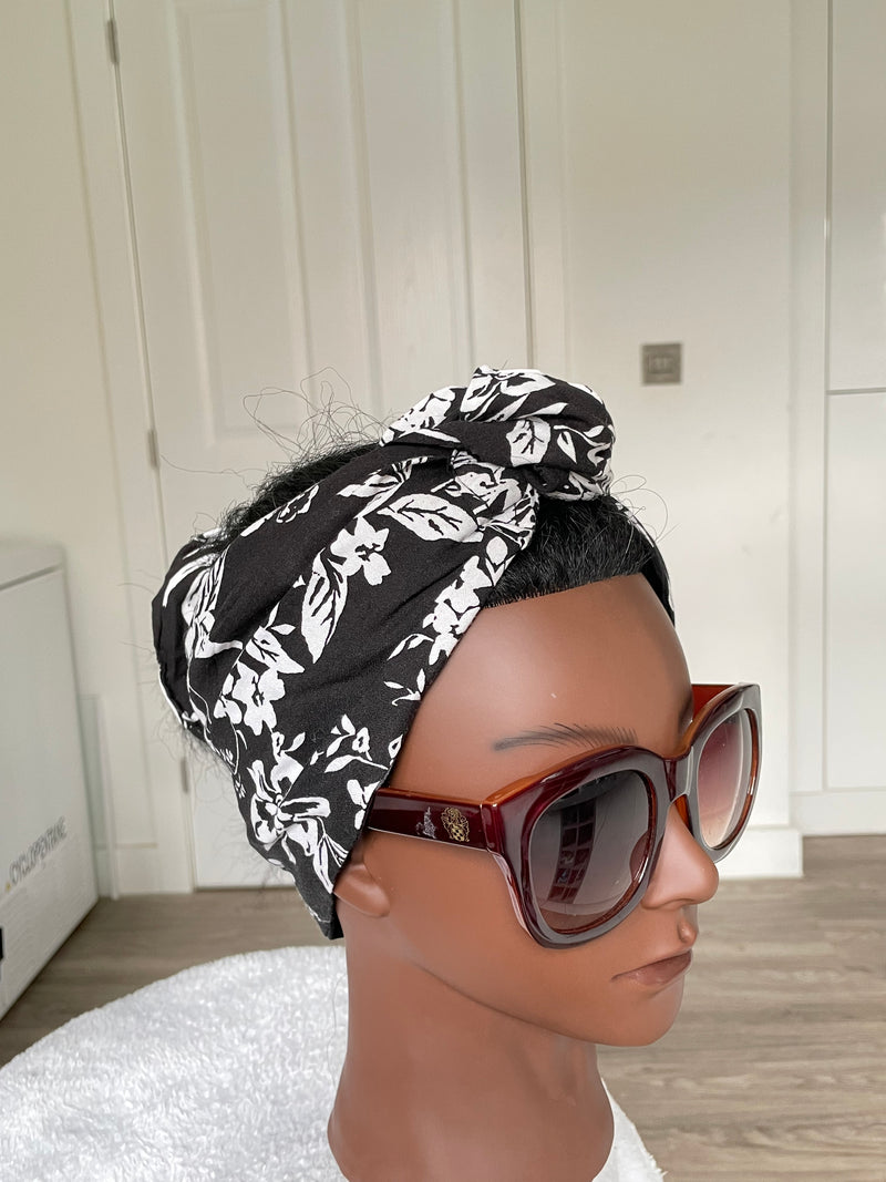 Black and White Ankara Satin Lined Headwrap/Scarf