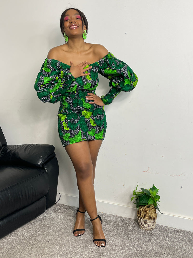 Darby Ankara Short Mini Pencil Stretch Dress | Green African Print