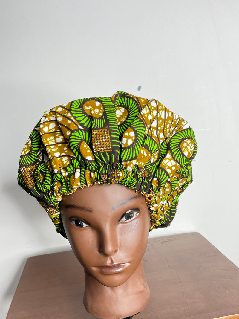 Green and Brown Ankara Hair Bonnet