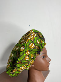 Green and Brown Ankara Hair Bonnet