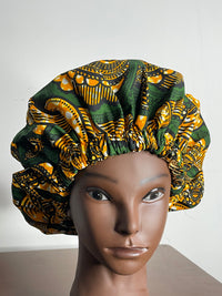 Green and Brown Ankara Hair Bonnet