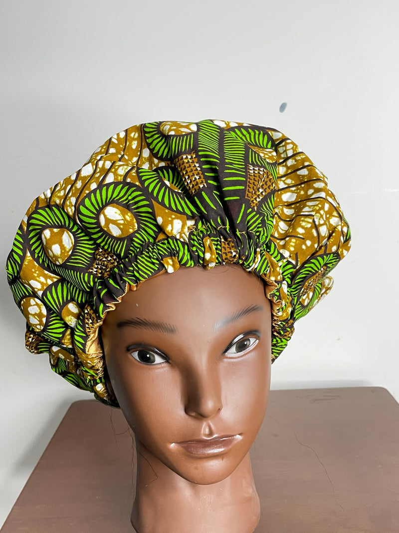 Green and Brown Ankara Hair Bonnet