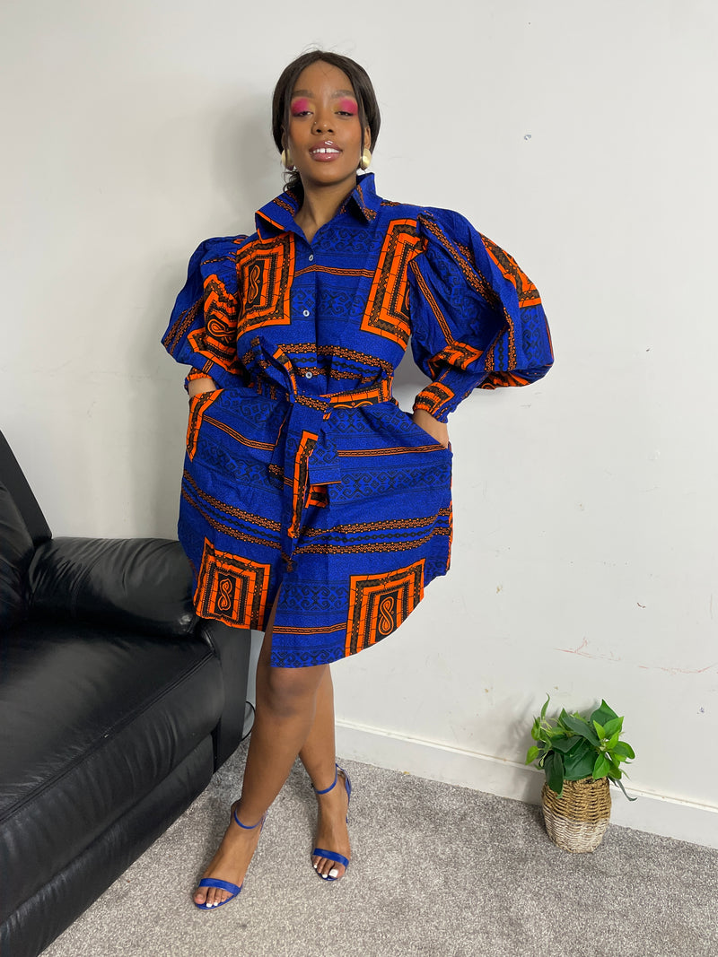 Jessi Ankara Shirt Dress | Blue and Orange African Print