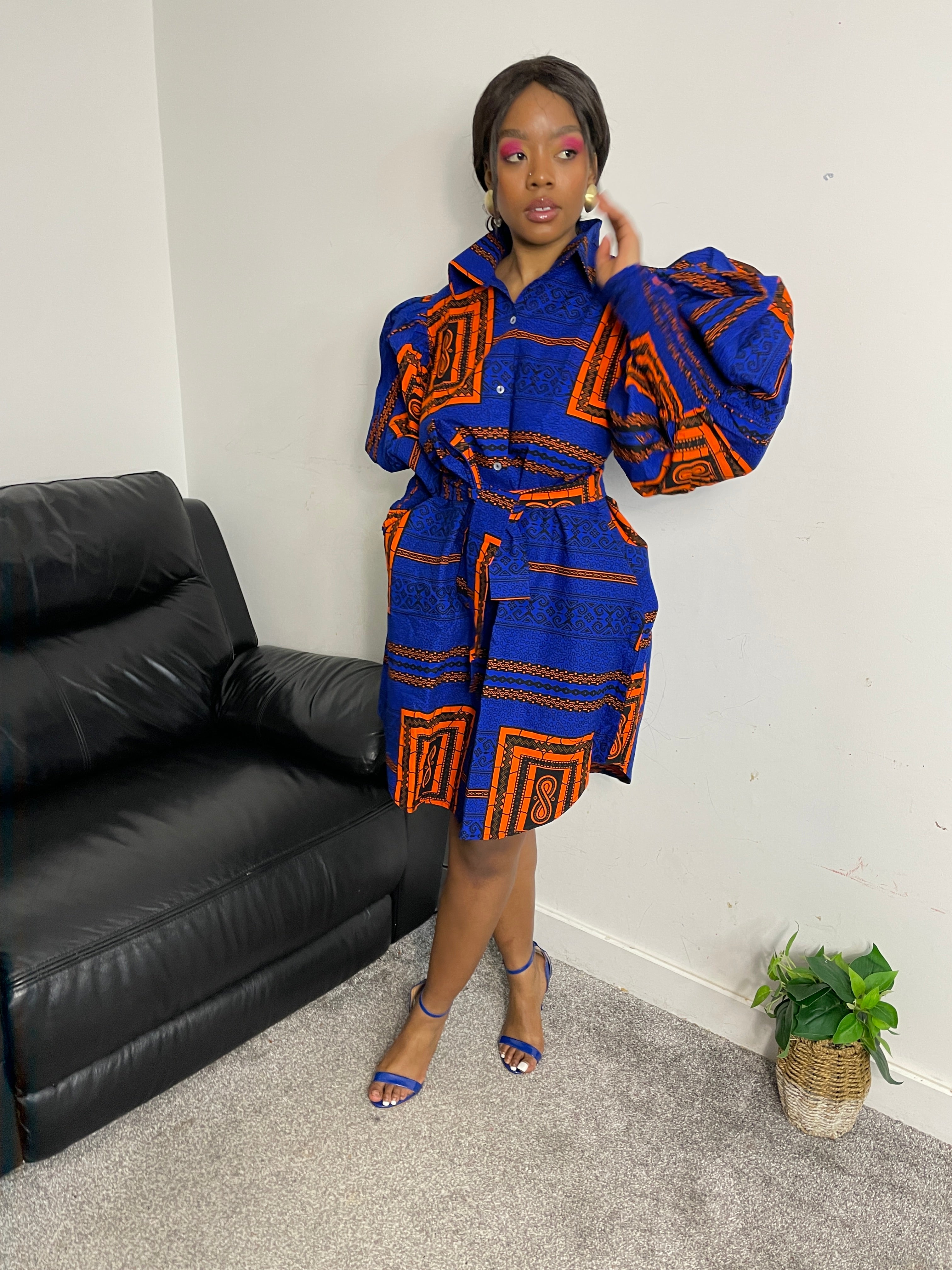 Jessi Ankara Shirt Dress Blue and Orange African Print M.A.DKollection