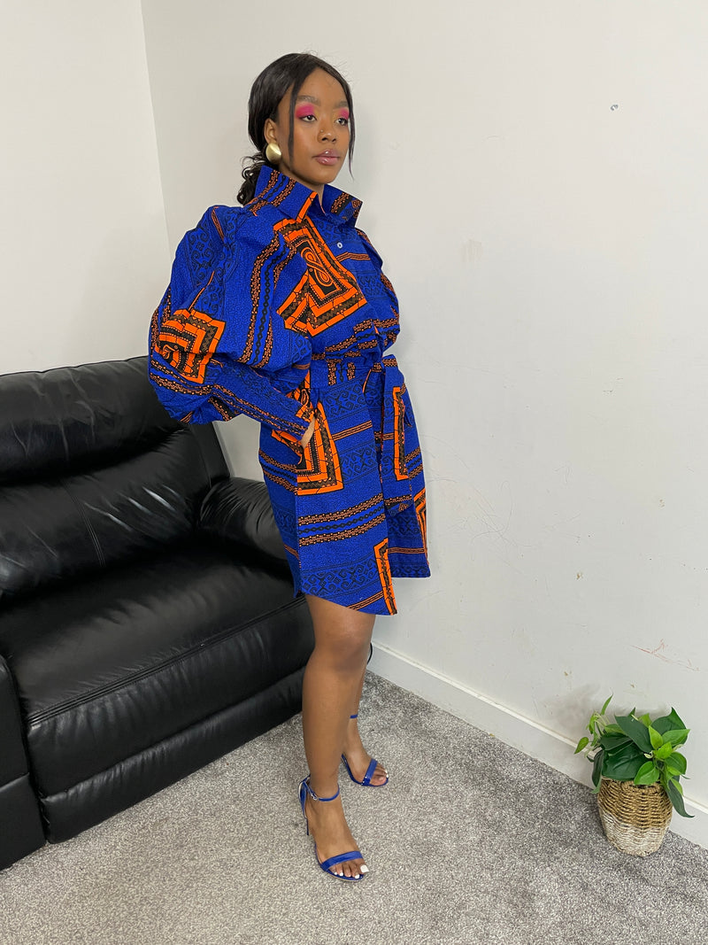 Jessi Ankara Shirt Dress | Blue and Orange African Print